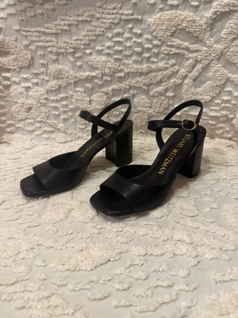 Stuart Weitzman Black Leather Block Heel Slingback Sandals #620